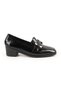 Women's Heeled Loafer Black Genuine Patent Leather Blunt Toe Metal Buckle Short Thick Block Heel Rubber Sole L0 - 2