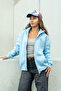 Women's Blue Hooded Zippered Oversize Sweatshirt 80% Cotton Basic Hoodie with Pockets - 2