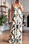 Batik Pattern Draped Fabric Strap Blouse and Wide-Legged Pants Set - 4