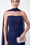 Women's Navy Blue Strapless Collar Drape Detail Long Evening Dress with Scarf - 4