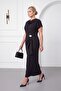 Women's Black Short Sleeve Brooch Detailed Plus Size Blouse Skirt Set - 2