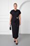 Women's Black Short Sleeve Brooch Detailed Plus Size Blouse Skirt Set