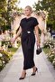 Women's Black Short Sleeve Brooch Detailed Plus Size Blouse Skirt Set - 5