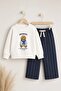 Boy's Ecru Teddy Bear Printed Sweatshirt and Navy Blue Striped Sweatpants Set - 3