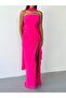 Fuchsia Strapless Scarf and Slit Chiffon Fabric Evening Dress - 6