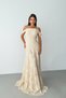 Beige Lace Embroidered Underwire Detailed Off-Shoulder Long Evening Dress