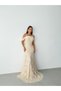 Beige Lace Embroidered Underwire Detailed Off-Shoulder Long Evening Dress - 3