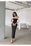 Women's Off-Shoulder White Ribbon Detail Long Crepe Dress