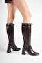 Women's Bitter Brown Crocodile Print Thick Heeled Boots - 5