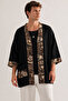 Ethnic Pattern Detailed Black Kimono with Pockets & Bohemian Style - 3