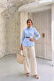 Women's Blue Belted Waist-Slit Long Sleeve Premium Quality Poplin Shirt