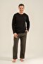 Men's Black Long Sleeve Buttoned Collar Pajama Set (with Socks as a Gift)