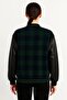 Green Plaid Patterned Winter Cold-Resistant Oversized Bomber College Jacket with Leather Detail on the Sleeves and Lining - 3