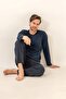 Men's Navy Blue Long Sleeve Buttoned Collar Pajama Set (with Socks as a Gift) - 2