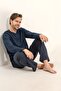 Men's Navy Blue Long Sleeve Buttoned Collar Pajama Set (with Socks as a Gift) - 6