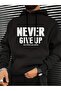 3 İplik Never Give up Thick Winter Sweatshirt - Black Printed Oversize Hoodie with Pockets