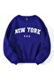 New York U.S.A Winter Thick Sweatshirt - Sax Blue Printed Oversized Crew Neck