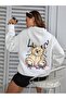 3 İplik Love Bear Winter Thick Sweatshirt - White Printed Oversize Hooded Hoodie