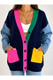 Women's Navy Blue Color Blocked Cotton Bohemian Oversize Pinterest Cardigan Jacket