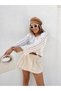 Women's Ecru 100% Cotton V-Neck Openwork Perforated Oversize Crop Knit Sweater - 5