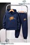 Zipper Bear Print Hooded Thick Cotton Inside Lining Tracksuit with Pockets Kids Tracksuit Set