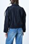 Women's Oversize Epaulet Bomber Navy Blue Leather Suede Jacket - 2