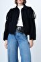 Women's Oversize Epaulet Bomber Black Leather Suede Jacket
