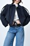 Women's Oversize Epaulet Bomber Navy Blue Leather Suede Jacket - 5