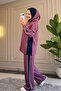 6625 - Stylish Comfortable Loose Viscose Soft Interlock Fabric Side Panel Fabric and Sleeve Stripe Detailed Hooded Women's Set - 6