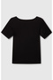 Women's Black Cotton Blend Knitted Slim Fit Wide Collar T-Shirt