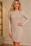 Women's Round Neck Long Sleeve Italian Knitwear Dress with Braided Button Detail and Embossed Pattern in Mink Color