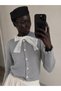 Women's Lace Bow Detailed Pearl Buttoned Ruffle Trim Knitwear Cardigan 26116