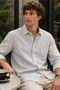 Men's Slim Fit Striped Long-Sleeve Linen Shirt - Blue - 4