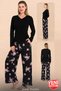 Women's Black Floral 92% Viscose Lycra Pajama Set Long Sleeve Wide Leg 11700