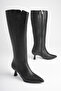 Women's Black Heeled Boots Pointed Toe Thin Heel Zippered Boots