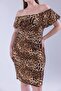 Women's Brown Leopard Pattern Shoulder Detail Ruffle Collar Stretchy Plus Size Dress - 5