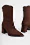 Women's Brown Suede Back Zipper Pointed Toe Metal Detailed Heeled Boots