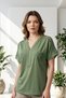Women's plus size green v-neck blouse with ruched shoulder and pocket detail in cotton viscose fabric. - 2