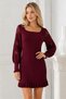 Women's U-Neck Long Sleeve Lace Detailed Skirt Ruffled Body Fitting Stretchy Burgundy Knitwear Tunic Dress - 6