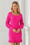 Women's U-Neck Long Sleeve Lace Detailed Skirt with Ruffles Bodycon Stretchy Fuchsia Knitwear Tunic Dress - 7