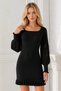 Women's U-Neck Long Sleeve Lace Detailed Skirt Ruffle Fit Stretchy Black Knitwear Tunic Dress - 2