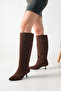 Women's Brown Suede Pointed Toe Thin Heeled Western Style Non-Zipper Below-Knee Boots - Comfortable Use - 2
