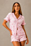 Women's Casual Buttoned V-Neck Pink Pajama Set - 3