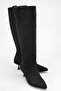 Women's Black Suede Pointed Toe Thin Heeled Western Style Non-Zipper Below-Knee Boots - Comfortable to Wear