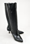 Women's Black Matte Patent Leather Pointed Toe Thin Heeled Western Style Non-Zipper Below-Knee Boots - Comfortable to Wear