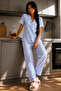 Women's Elegant Collared Textured Spacious Blue Pajama Set - 5