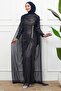 Navy Blue Cape and Stone Embellished Front Drawstring Evening Dress