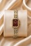 Milena Women's Two-Tone Gold-Silver Claret Dial Vintage Wristwatch |   Rectangular Case Old Money Elegant Women's Watch |   Jewelry-Looking Retro Design Women's Watch - 3