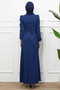 Navy Blue Waist Detailed Stoned Evening Dress - 5