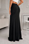 Women's Black High Waist Gathered Detailed Slit Long Fishtail Skirt - 2